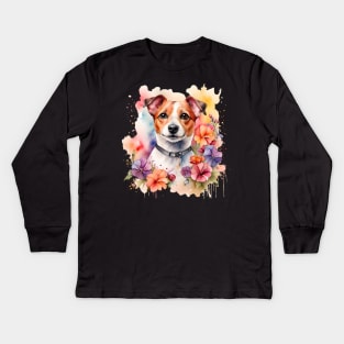A jack russell terrier decorated with beautiful watercolor flowers Kids Long Sleeve T-Shirt